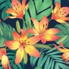 Tapeta: Seamless pattern with lily flowers and palm leaves background.