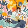 Tapeta: Seamless pattern with giraffe, zebra,tucan, and tropical landscape.