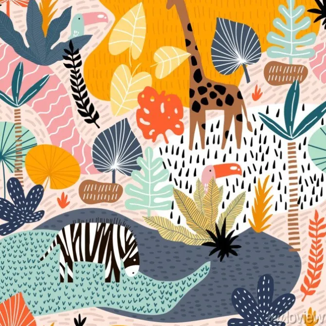 Tapeta: Seamless pattern with giraffe, zebra,tucan, and tropical landscape.