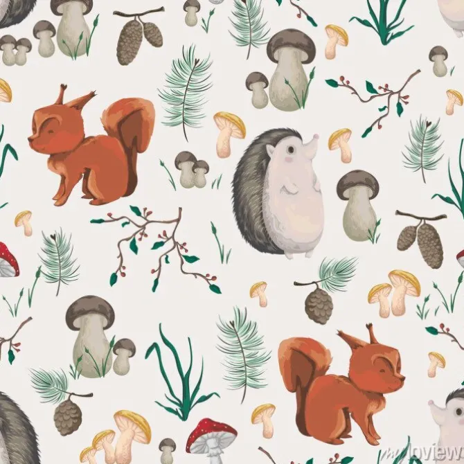 Tapeta: Seamless pattern with little squirrel, hedgehog, plants and mushrooms.