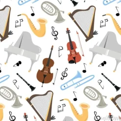 Tapeta: Seamless pattern with musical instruments on the white background.