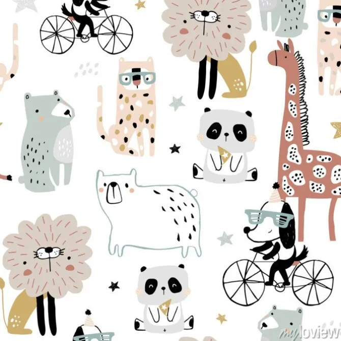 Tapeta: Seamless pattern with cartoon hand drawn bear,giraffe, dog,leopard,