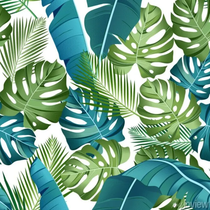 Tapeta: Seamless pattern with tropical leaves: palms, monstera, banana