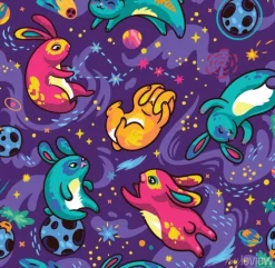 Tapeta: Seamless pattern with flying bunnies, comets and stars. vector