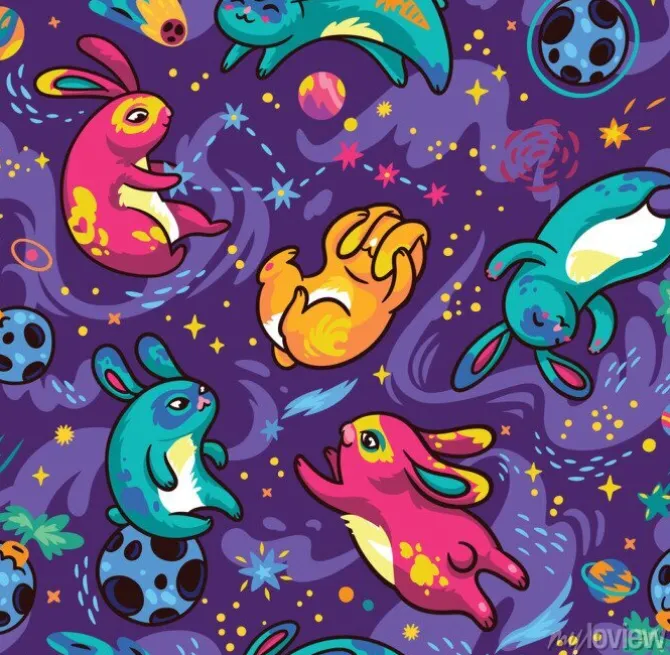 Tapeta: Seamless pattern with flying bunnies, comets and stars. vector