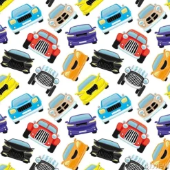 Tapeta: Seamless pattern with colored cars on a white background.