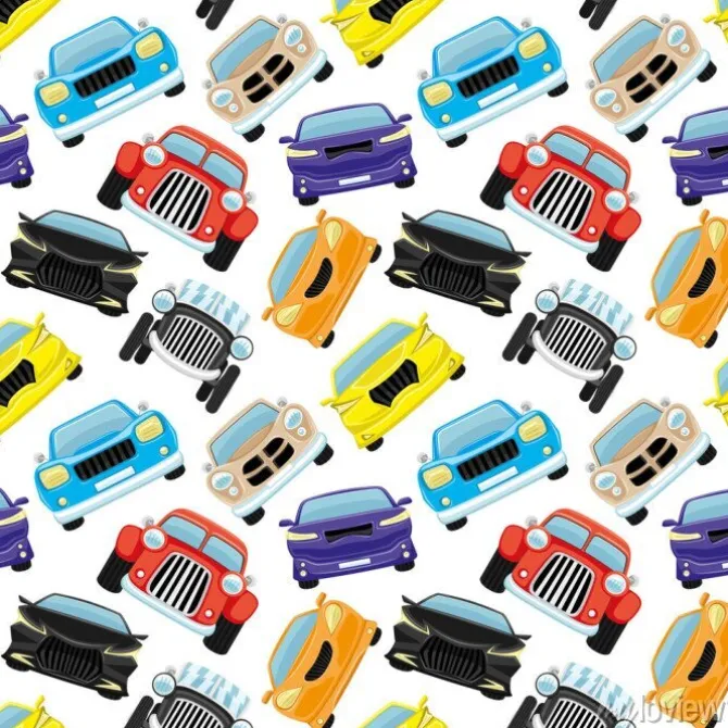 Tapeta: Seamless pattern with colored cars on a white background.