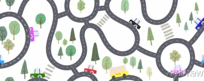Tapeta: Seamless pattern with roads and cars, trees and forest, childish