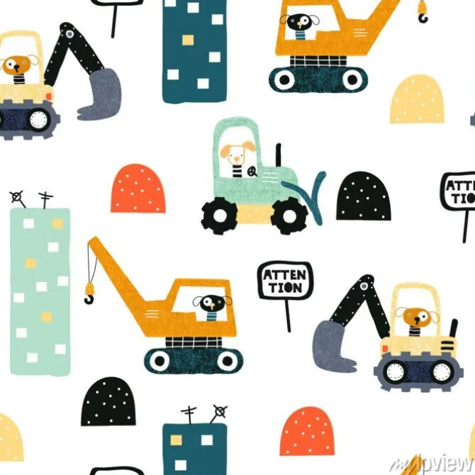Tapeta: Seamless pattern with dog worker and heavy transports. kids funny
