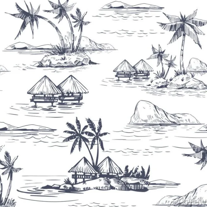 Tapeta: Seamless patterns with tropical landscapes, palm trees, hawaii.