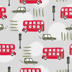 Tapeta: Seamless road pattern with cartoon red london bus and car. baby