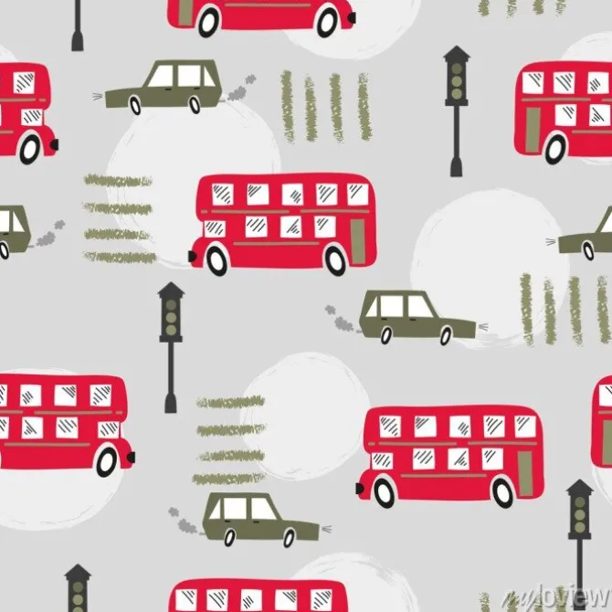 Tapeta: Seamless road pattern with cartoon red london bus and car. baby