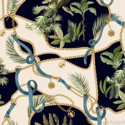 Tapeta: Seamless summer pattern with belts, chains and tropical leaves