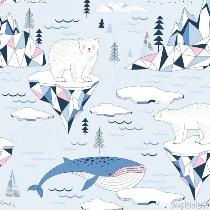 Tapeta: Seamless vector pattern with polar bear blue whale ocean mountains