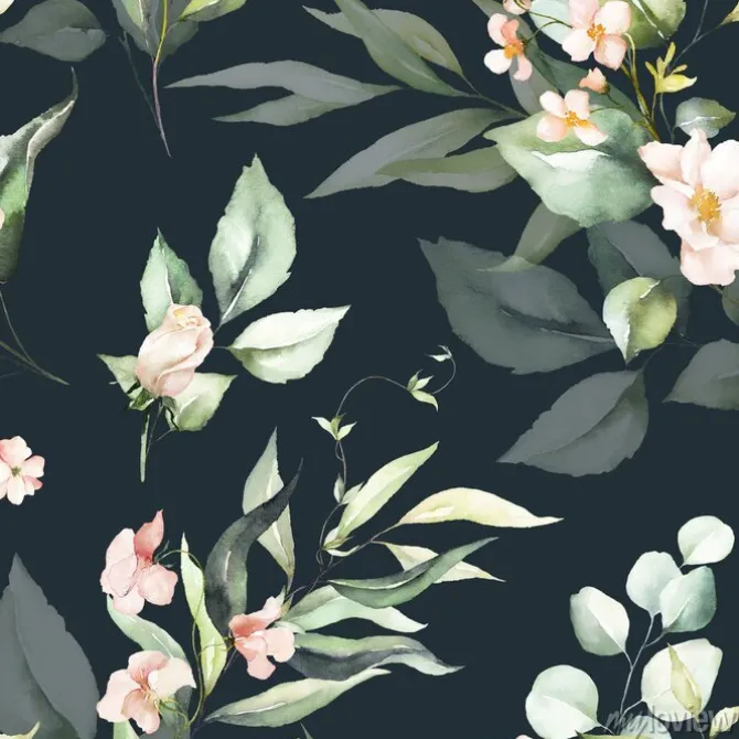 Tapeta: Seamless watercolor floral pattern - pink flowers, green leaves