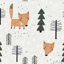 Tapeta: Semless woodland pattern with cute fox and trees. vector illustration.