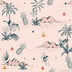 Tapeta: Słodka rocznika lata wyspa tropikalny bezszwowy wzór na różowym