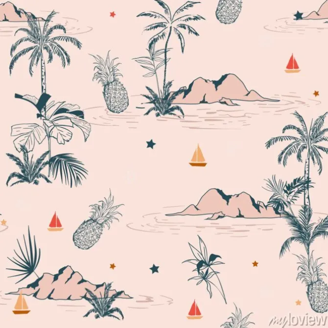 Tapeta: Słodka rocznika lata wyspa tropikalny bezszwowy wzór na różowym