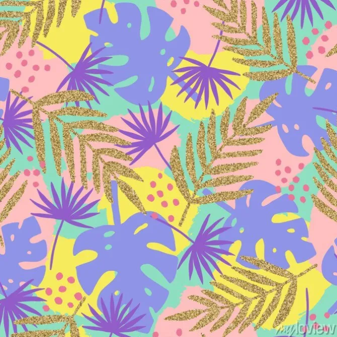 Tapeta: Stylowy tropikalny tło z elementami złoty blask. wektorowa ręka