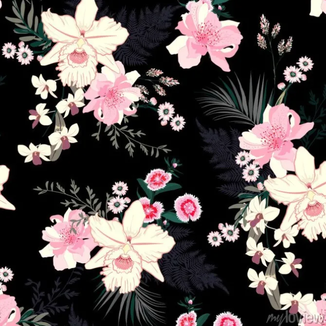 Tapeta: Summer tropical night blooming floral mood seamless vector pattern