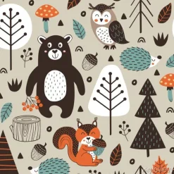 Tapeta: Szwu z zwierząt leśnych na beżowym tle styl skandynawski - ilustracji