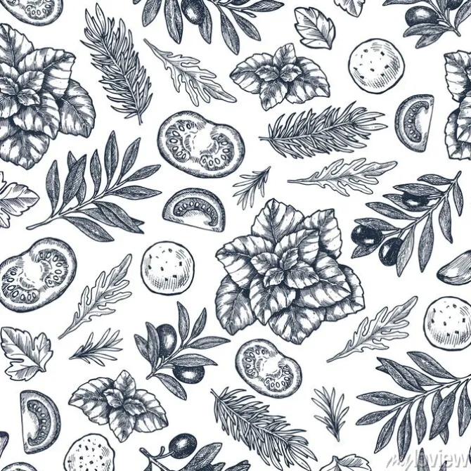 Tapeta: Tasty basil, mozarella, tomato, olive, garlic seamless pattern.