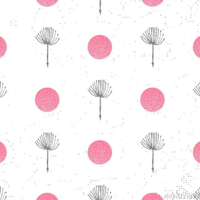 Tapeta: Tle kwiatów bez szwu wzór czarno-biały z sylwetka puch dandelion.