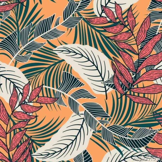 Tapeta: Trend seamless pattern with colorful tropical leaves and plants