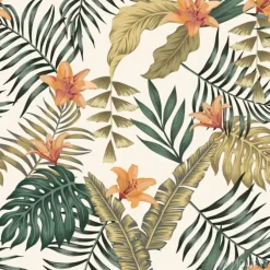 Tapeta: Tropical leaves and flowers abstract colors seamless white background
