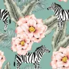 Tapeta: Tropical zebra, rose flowers, banana palm leaves, green background.