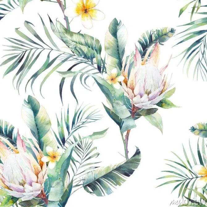 Tapeta: Tropikalne kwiaty i liście bananowca