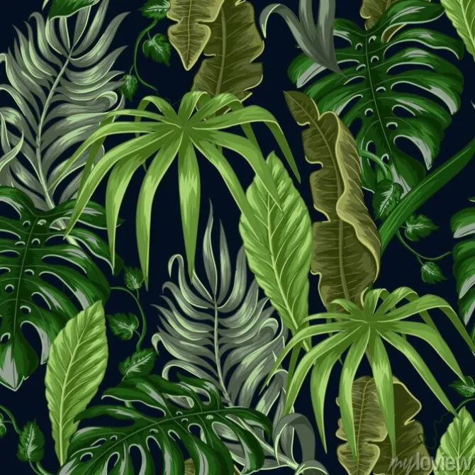 Tapeta: Tropikalne liście w różnych odcieniach zielonego