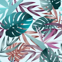 Tapeta: Tropikalne liście w odcieniach turkusu i fioletu