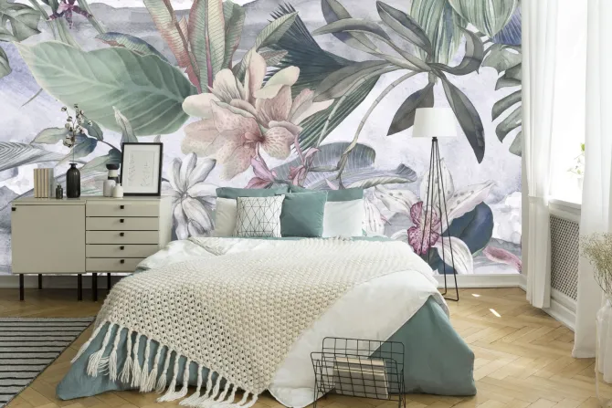 Tapeta: Tropikalne rośliny i kwiaty w stylu akwareli botaniczny wzór