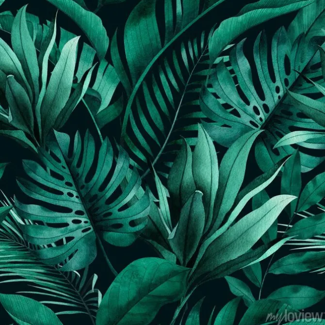 Tapeta: Tropikalny wzór z egzotycznymi liśćmi monstery bananów i palm