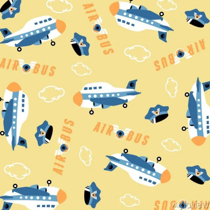 Tapeta: Vector cartoon seamless pattern with plane, pilot hat, clouds