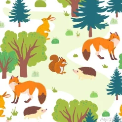Tapeta: Vector flat seamless pattern with wild forest trees, grass and