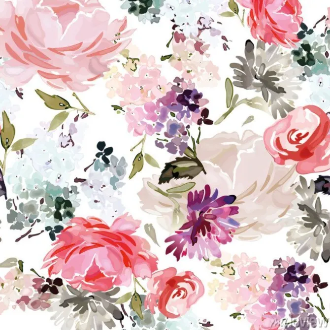 Tapeta: Vector seamless pattern with flower and plants in watercolor