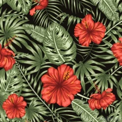 Tapeta: Vector seamless pattern of green tropical leaves with red hibiscus
