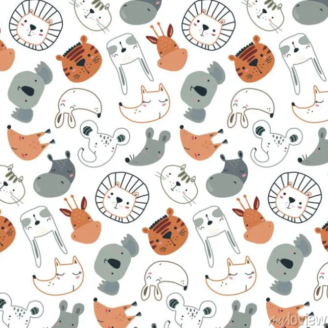 Tapeta: Vector seamless pattern with cute animal faces in simple scandinavian