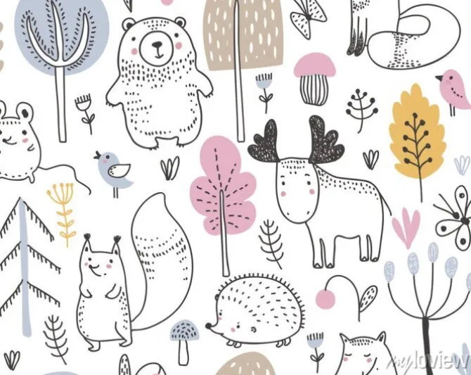 Tapeta: Vector seamless pattern with hand drawn wild forest animals,