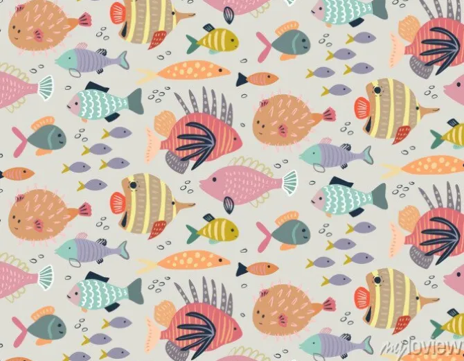 Tapeta: Vector seamless pattern with different colorful exotic fish.