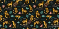 Tapeta: Vestor seamless pattern with leopards and abstract tropical leaves.