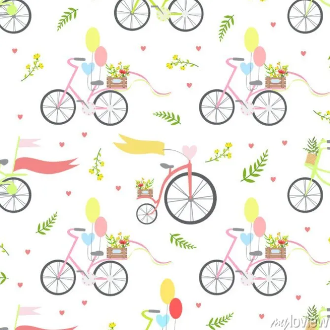 Tapeta: Vintage bikes with flowers and balloons seamless pattern vector