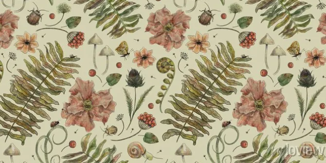 Tapeta: Vintage botanical pattern. forest background with butterflies,