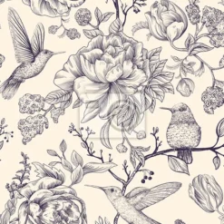 Tapeta: Vintage ptaki kolibry wśród kwiatów