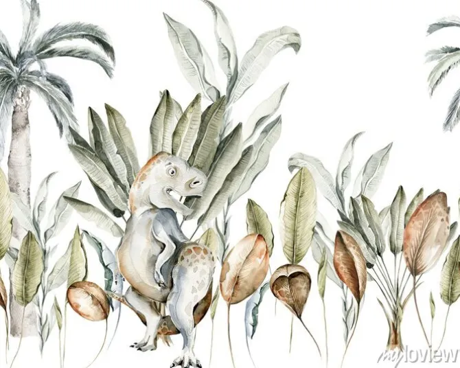 Tapeta: Watercolor cute dinosaurs border. hand painted dino frame with