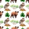 Tapeta: Watercolor forest seamless pattern with animals and plants