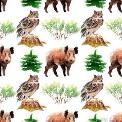 Tapeta: Watercolor forest seamless pattern with animals and plants