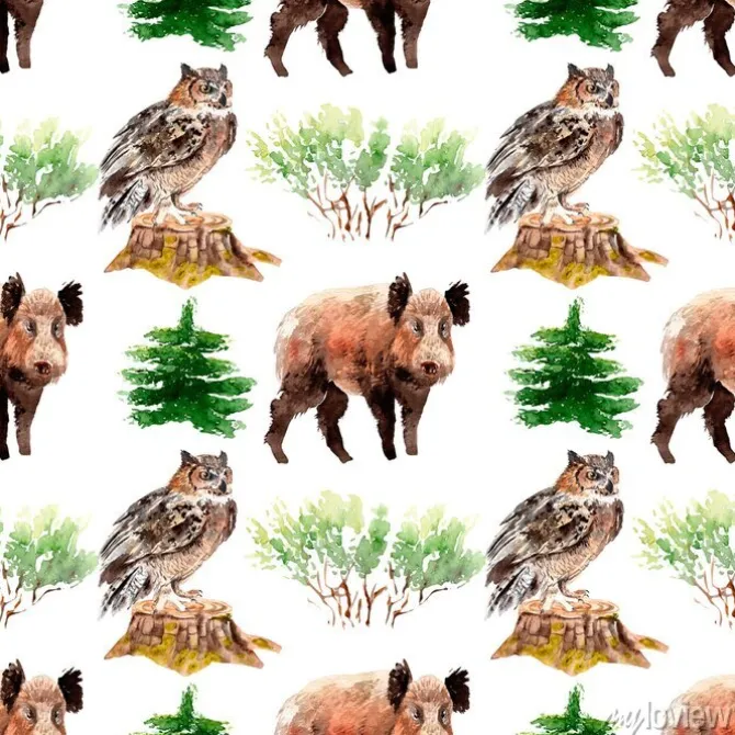 Tapeta: Watercolor forest seamless pattern with animals and plants